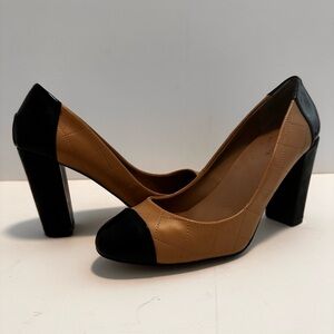 Ann Taylor Factory Two-Tone ‘Quilted’ Camel/Patent Black, Block Heeled Pumps